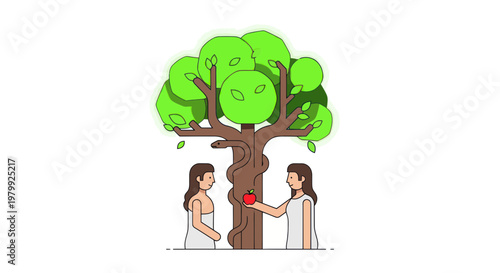Adam and Eve offer forbidden fruit from tree of knowledge, temptation concept