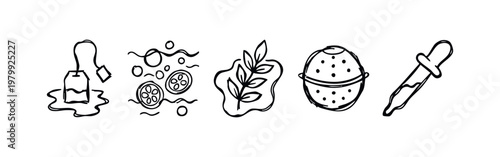 Doodle Icons: Tea Bag, Sliced Citrus, Herb Branch, Infuser, Dropper