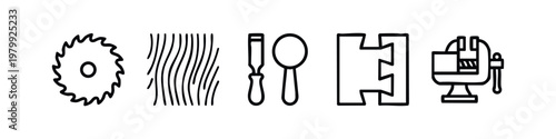 Outline Icons: Saw Blade, Wood Grain, Chisel, Mallet, Dovetail Joint, Vise