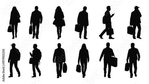 A collection of twelve black silhouettes depicts people walking carrying bags and personal belongings in an urban setting high quality professional