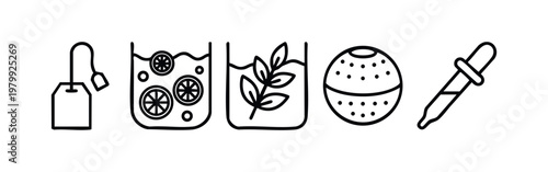 Outline Icons: Tea Bag, Sliced Citrus, Herb Branch, Infuser, Dropper