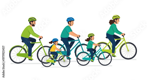 Happy Family Cycling Together Outdoors, Active Lifestyle, Recreation, Healthy Fun