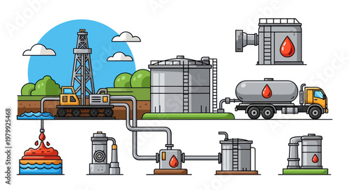 Oil Extraction and Transportation Process Illustration