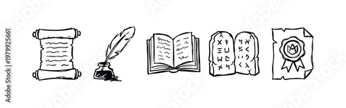 Hand Drawn Historical Document and Writing Icon Set Sketchy Scroll Book Quill and Stone Tablet Icons
