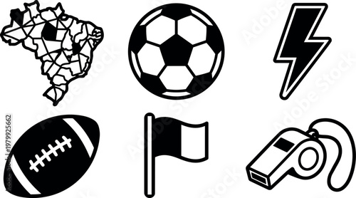 Black and white soccer ball american football map of brazil lightning whistle and flag icons