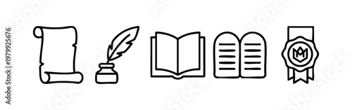 Historical Document and Writing Icon Set Linear Vector Scroll Book Quill and Stone Tablet Icons