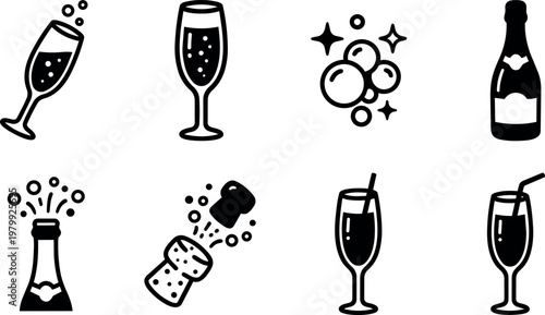 Black and white champagne glass bottle cork bubbles vector art
