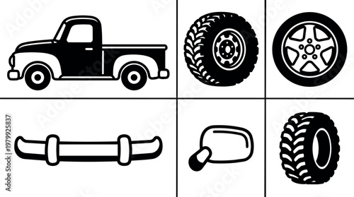 Black and white vintage pickup truck and tire vector parts illustration