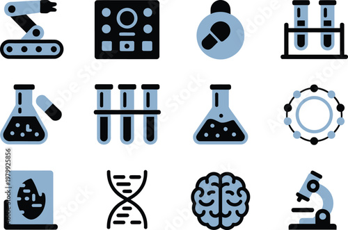 Science and laboratory research icons featuring robotic arms dna helix and medical testing equipment for technology