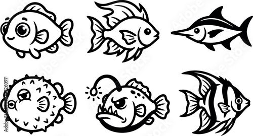 Six different cartoon fish characters in various styles