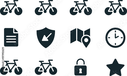 Collection of simple black bicycle icons paired with utility symbols like security shields and navigational maps