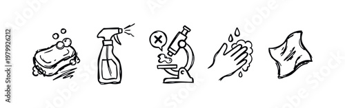 Hand Drawn Hygiene and Sanitation Icons Soap and Disinfection Set