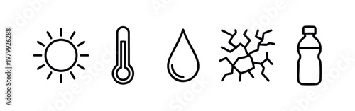 Minimal Line Art Icons for Heatwave Drought and Hydration Concepts