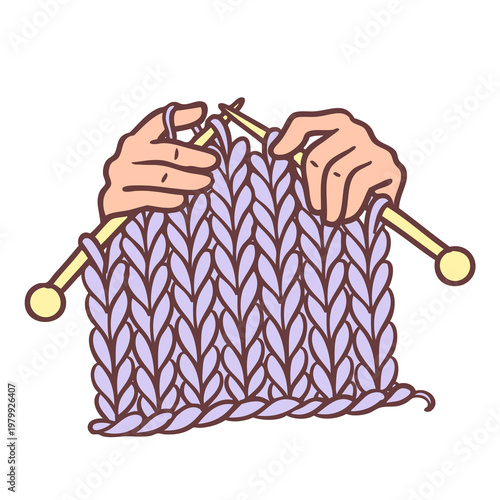 Hands knit with lavender wool needles isolated on a white background
