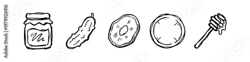 Doodle Style Food Preservation Icons Pickles Jam and Honey