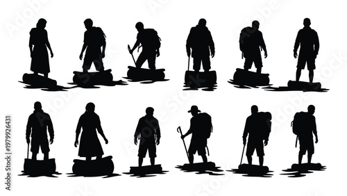 Silhouettes of diverse individuals stand atop various floating platforms suggesting a journey or migration concept high quality professional detailed modern elegant