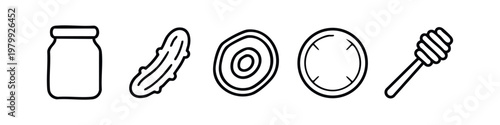 Clean Outline Icons for Preserved Food Jam Pickles and Honey Dipper