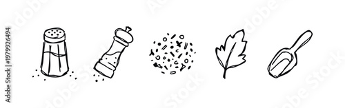 Hand Drawn Kitchen Spice Icons Salt Pepper Herbs and Scoop