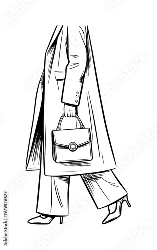 Woman in trench coat and wide-leg pants holding handbag, line fashion