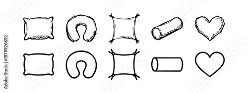 Various Pillow and Cushion Types in Hand Drawn and Line Art Styles