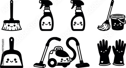 Black and white kawaii cleaning tools set with vacuum mop gloves and spray bottles