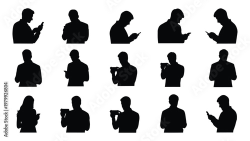 A collection of black silhouettes depicts individuals engrossed with their mobile phones in various postures and positions high quality professional detailed