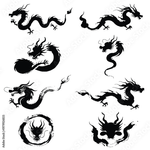 Traditional Japanese Sumi-e Dragon Silhouettes and Ink Brush Ink Set