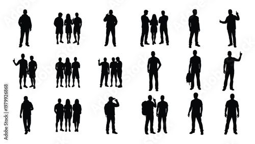 A collection of black silhouettes depicting diverse groups and individuals standing talking and gesturing high quality professional detailed modern elegant stylish