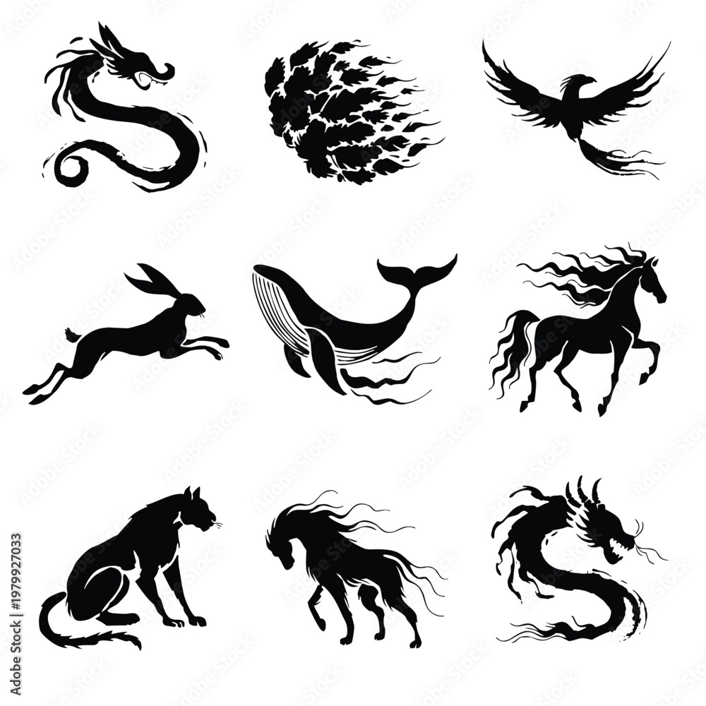 Obraz premium Traditional Japanese Sumi-e Mythological Creatures and Animal Silhouette Set