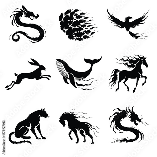 Traditional Japanese Sumi-e Mythological Creatures and Animal Silhouette Set