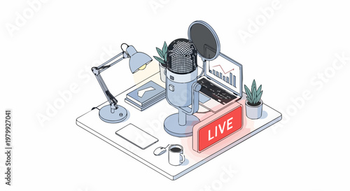 Isometric Podcast Studio Setup with Professional Microphone, Laptop, and Live Broadcast Sign