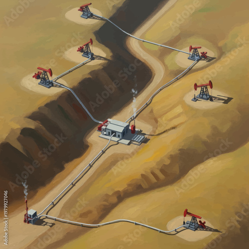 Oil pump jacks extracting crude oil from the ground in a desert landscape.