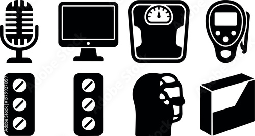 Black and white silhouette icons of microphone computer scale glucometer pills head and box