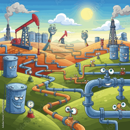 Cartoon Oil Industry Characters and Equipment.