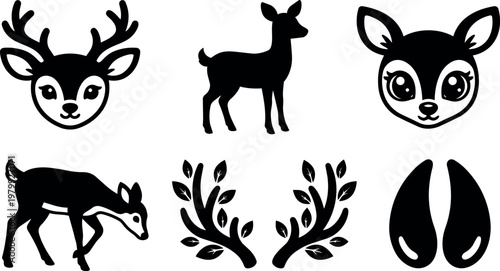 Black and white silhouette cute deer head standing walking with antlers leaves and hooves vector art