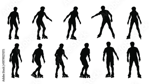 A collection of black silhouette figures depicting diverse people dynamically engaged in inline skating and rollerblading activities high quality professional detailed