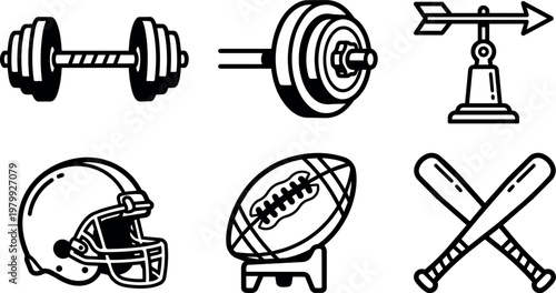 Black and white line art sports equipment including dumbbells helmet football arrow and bats