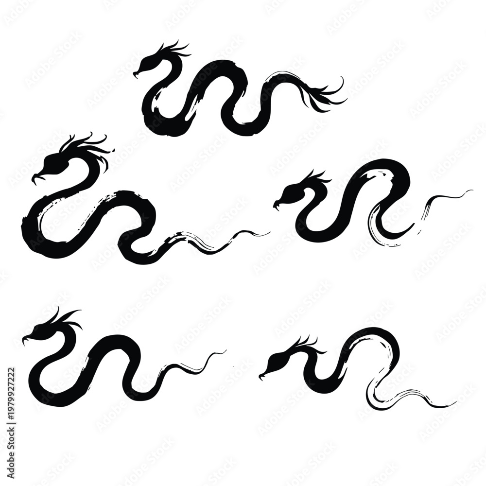 Fototapeta premium Traditional Japanese Sumi-e Dragon, Serpent and Snake Ink Brush Silhouette Set
