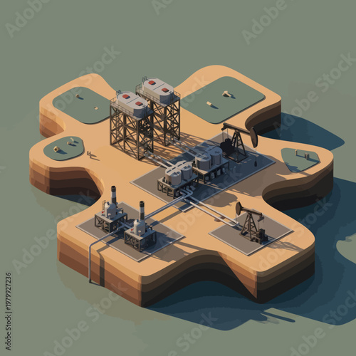 Isometric Oil Rig and Pumping Jacks in Desert Landscape.