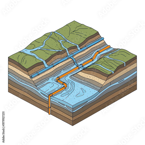 Cross section of a river system showing groundwater flow and a man made aqueduct.