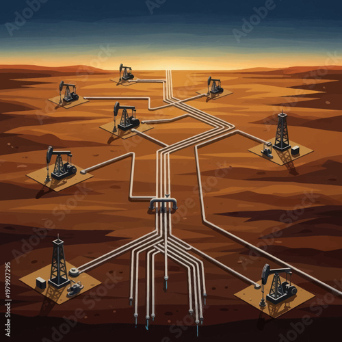 Oil pump jacks connected by pipelines in an oil field.
