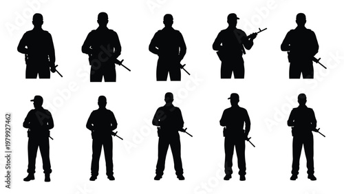 A collection of silhouetted figures depicting soldiers or armed personnel some holding rifles and weapons high quality professional detailed modern elegant