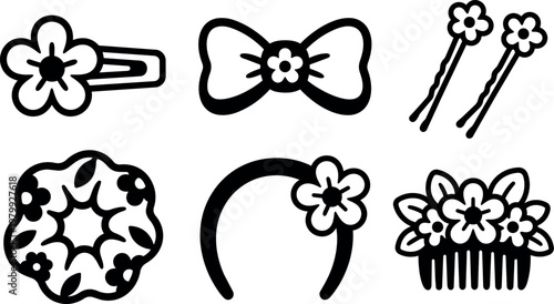 Black and white floral hair accessories collection including bow comb clips and headband