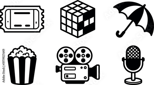 Black and white movie ticket popcorn umbrella microphone and puzzle icons vector art