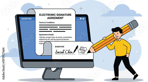 Electronic signature agreement concept with digital document approval online contract signing and secure authorization illustration