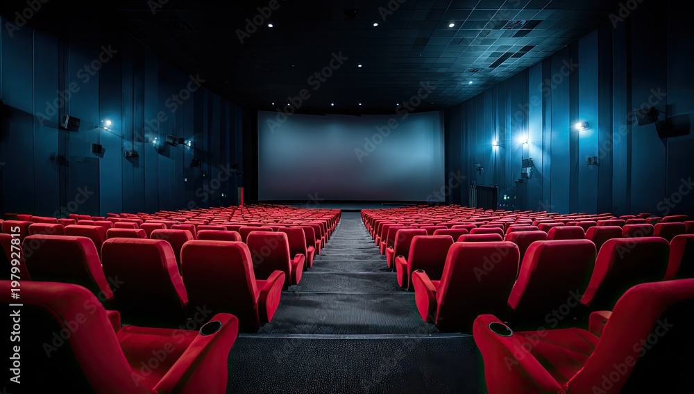 Fototapeta premium Empty Cinema Auditorium With Red Seats Facing The Screen.