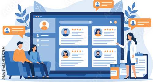 Healthcare consultation platform with doctor reviewing patient profiles online medical records telemedicine service and digital diagnosis illustration