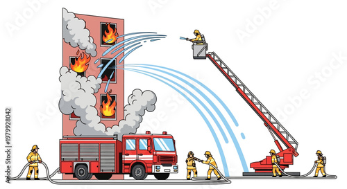 A vector illustration depicts a firefighter design team extinguishing a building fire from a truck ladder with billowing smoke and flames, set against a stark white background
