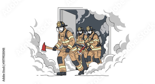 A team of firefighters in full gear, illustrated in a vector design, emerge from a smoke-filled doorway with axes in hand, set against a stark white background, conveying a sense of urgency