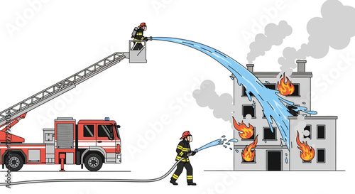 Detailed vector illustration of firefighters battling a blaze, with one firefighter on a ladder truck aiming a hose at the burning building and another on the ground, against a clean